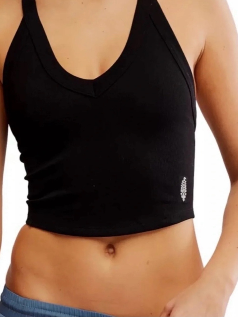 Free People Black Ribbed V-Neck Cropped Tank